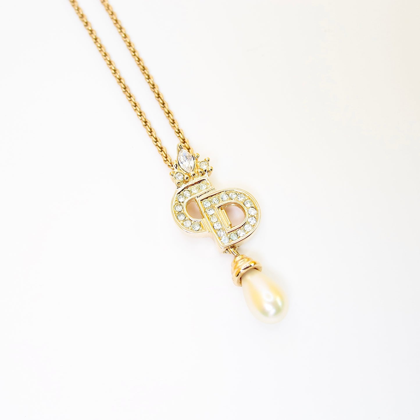 Christian Dior Vintage CD Logo with Rhinestone and Pearl Golden Necklace