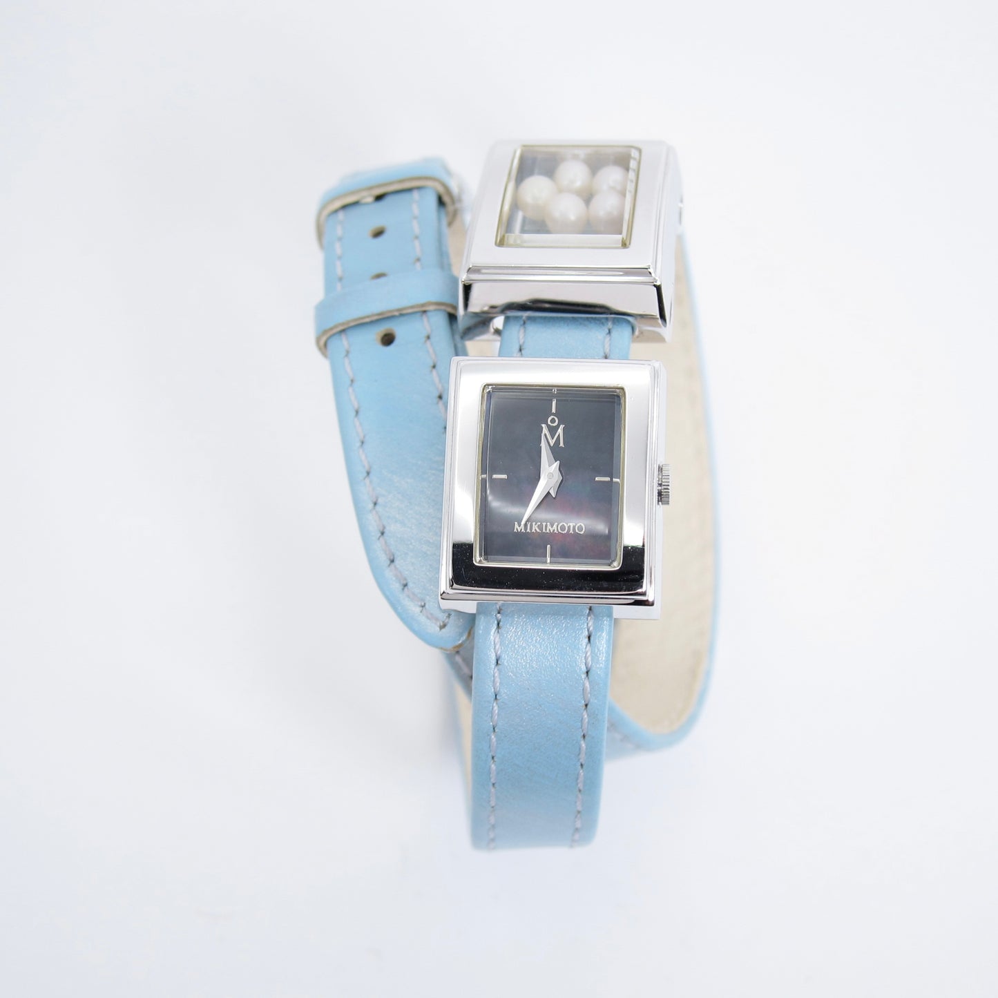 Mikimoto Vintage Black Face and Pearl Box Watch with Blue Leather Strap