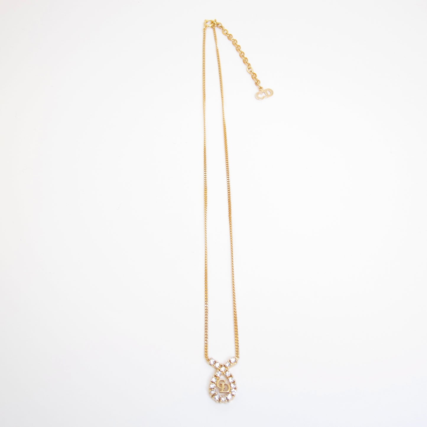 Christian Dior Vintage CD Logo in Drop Shape with Rhinestone Golden Necklace