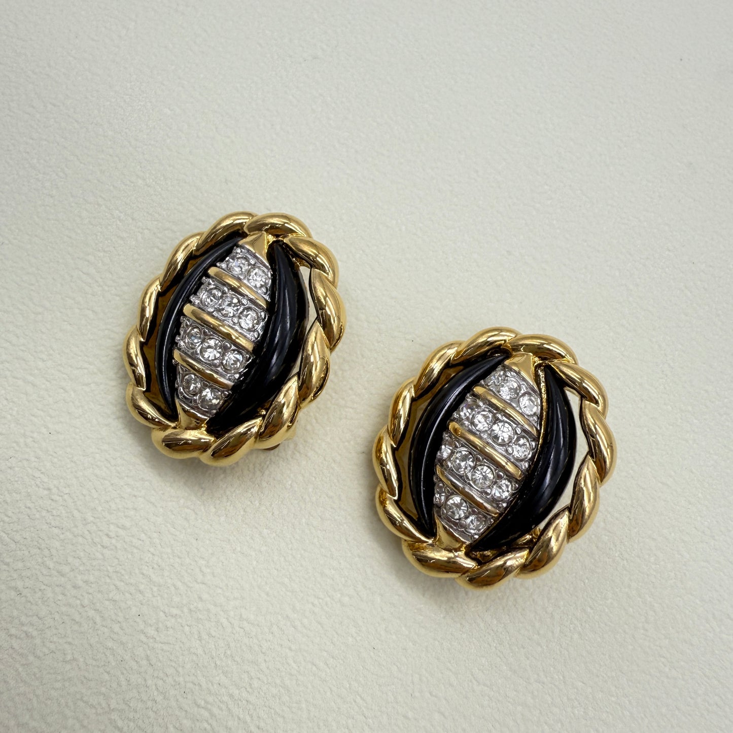 Nina Ricci Vintage Black and Rhinestone Golden Clip-on Earrings