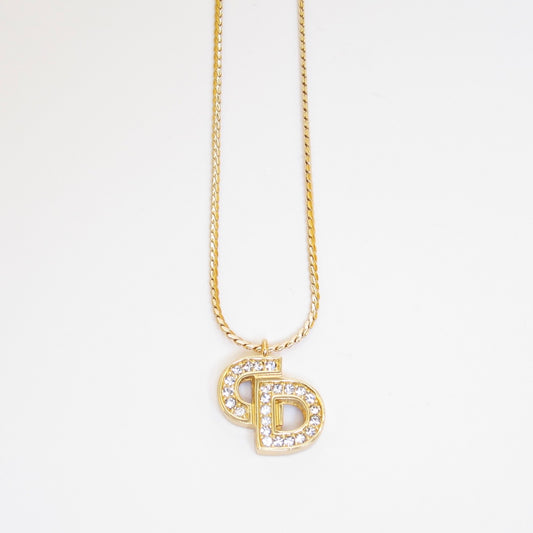 Christian Dior Vintage CD Logo with Rhinestone Golden Necklace