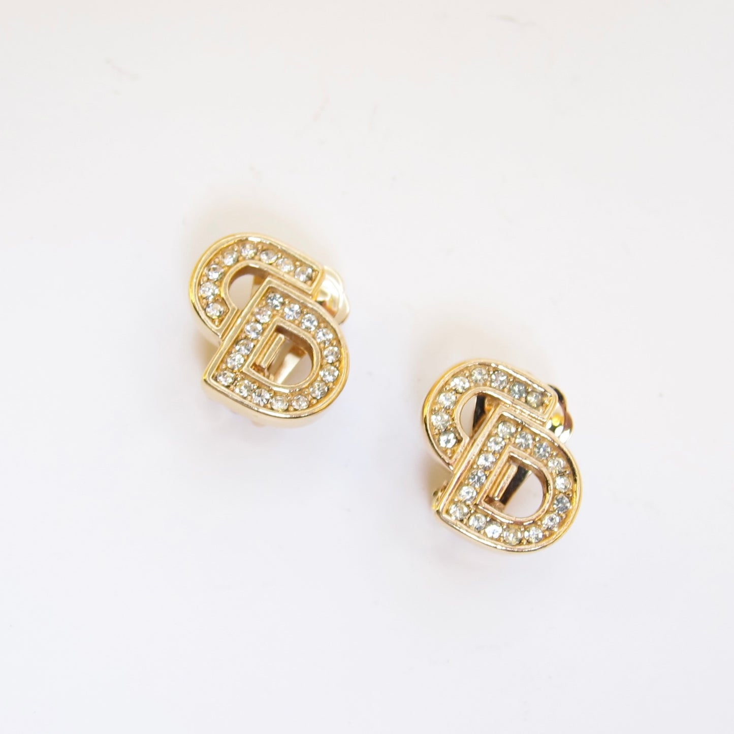 Christian Dior Vintage CD Logo with Rhinestone Golden Clip-on Earrings