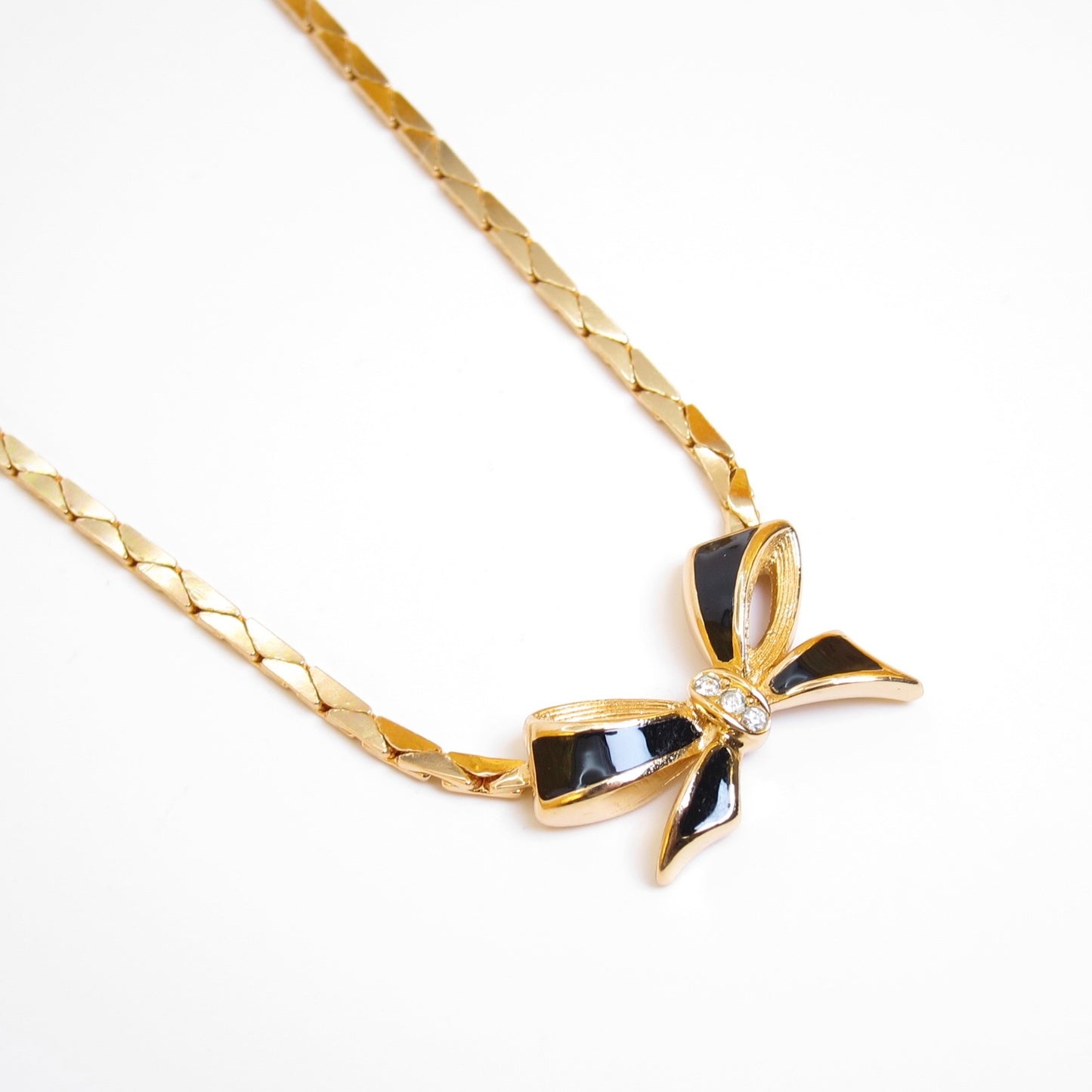 Christian Dior Vintage Ribbon with Black and Rhinestone Golden Necklace