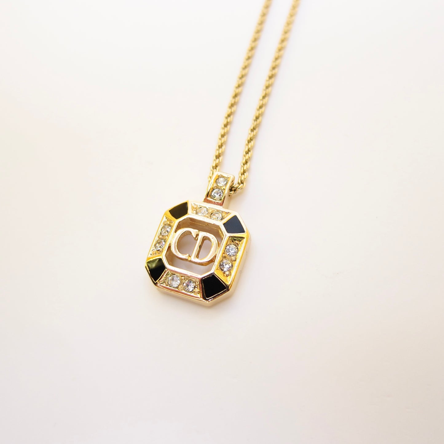 Christian Dior Vintage CD Logo in Octagon with Rhinestone Black and Golden Necklace