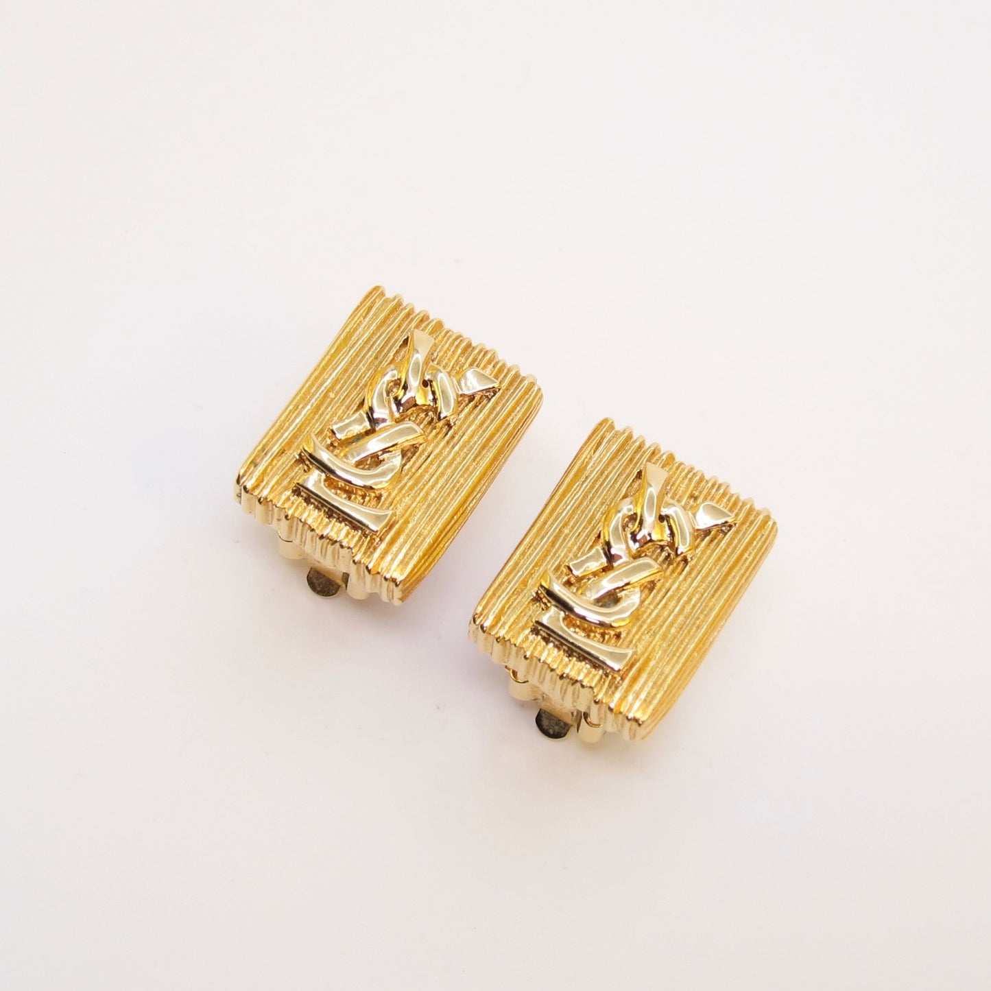 Yves Saint Laurent Vintage Ysl Logo Rectangle Golden Clip-on Earrings