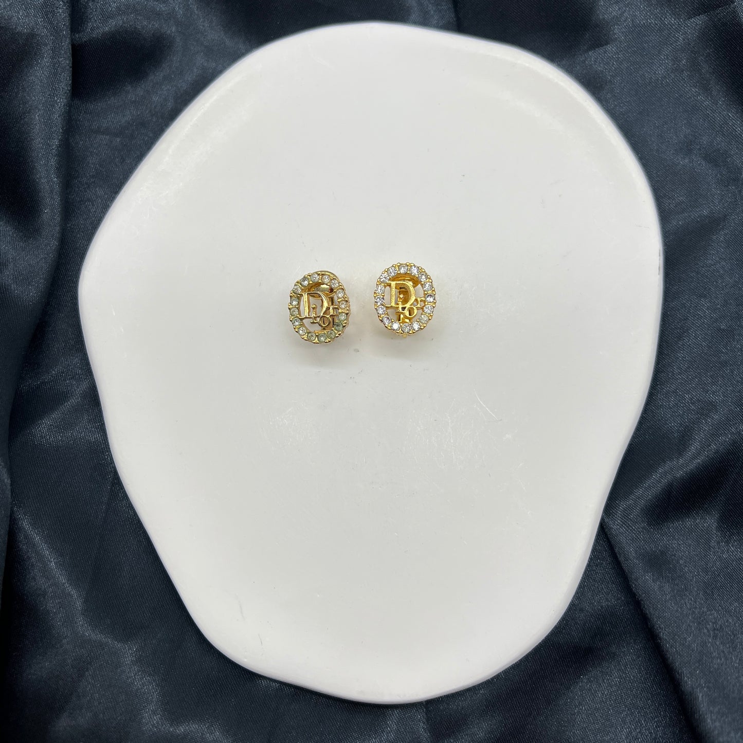 Christian Dior Vintage Oval Logo with Rhinestone Embellished Golden Clip-On Earrings