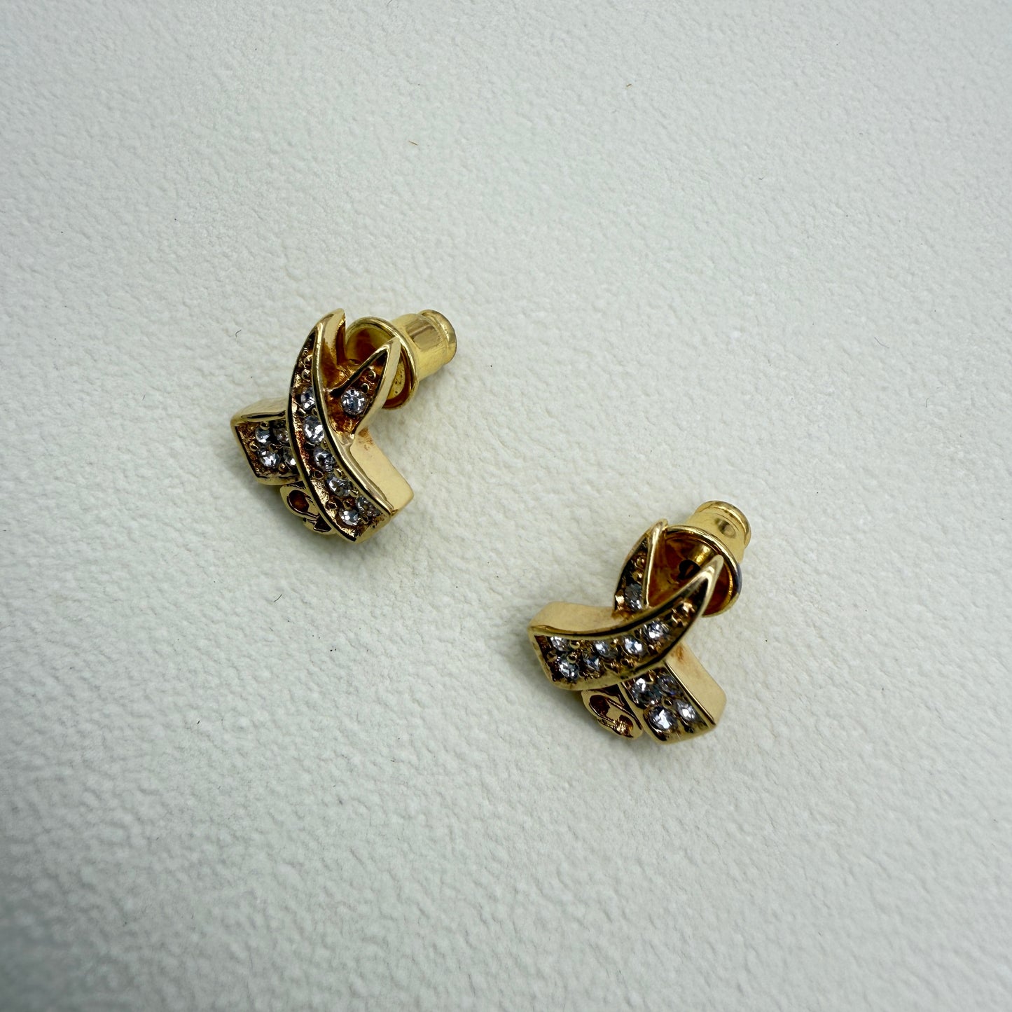Christian Dior Vintage CD Logo and Rhinestone Golden Earrings