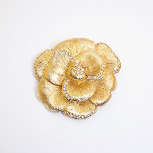 Christian Dior Vintage Flower Motif with Rhinestone Golden Brooch