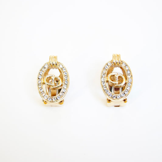 Christian Dior Vintage CD Logo in Oval Shape with Rhinestone Golden Clip-on Earrings