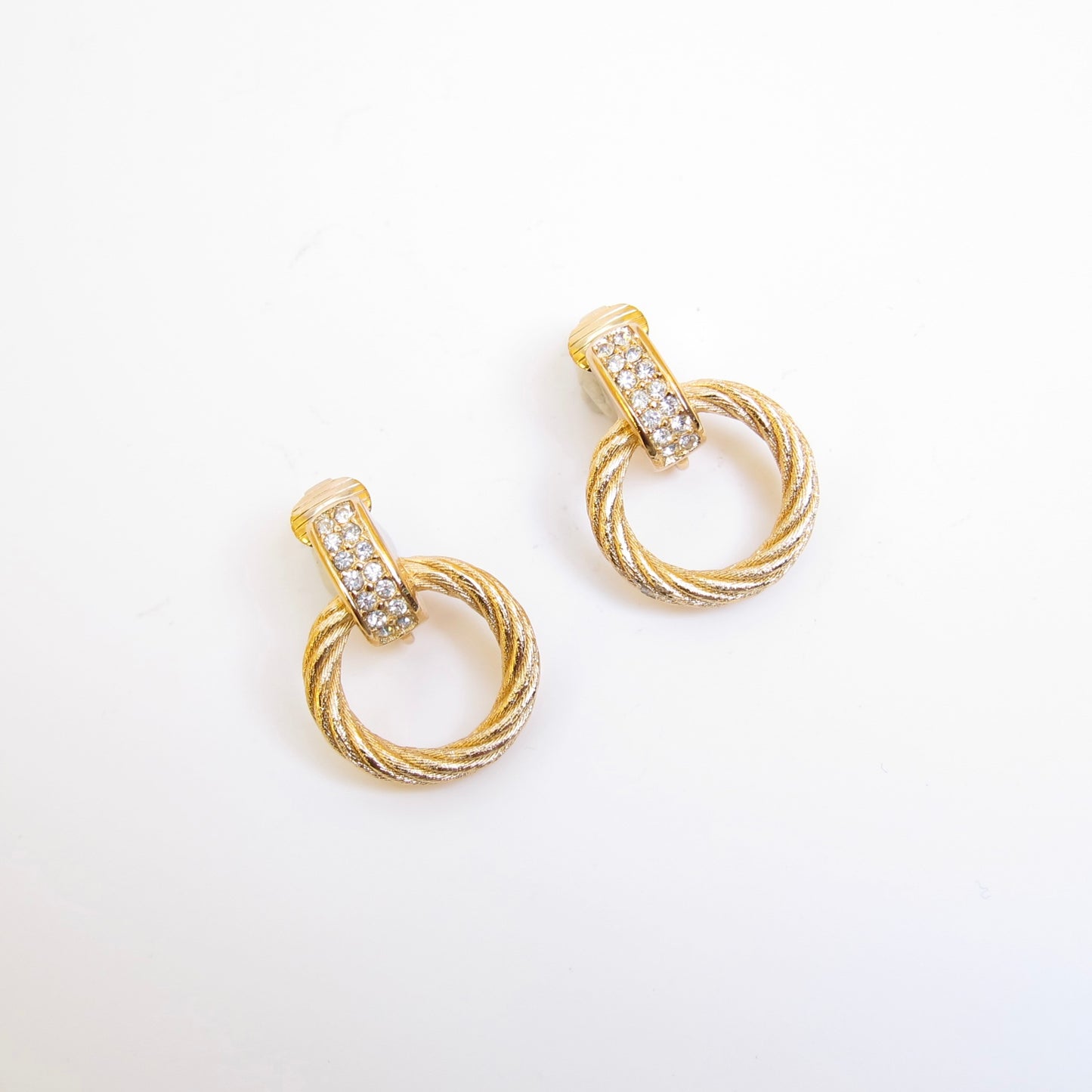 Christian Dior Vintage Twisted Circle and Rhinestone Golden Clip-on Earrings