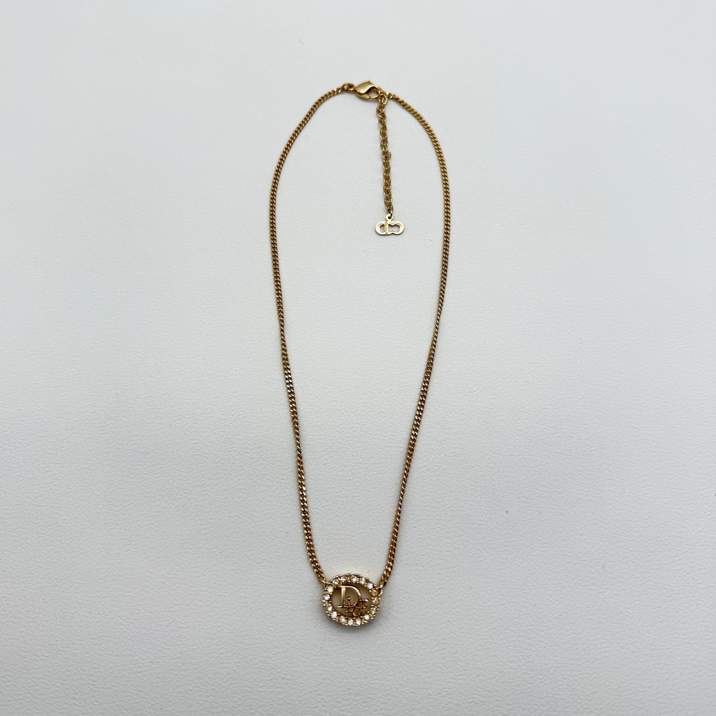 Christian Dior Vintage Dior Logo in Oval Shape with Rhinestone Golden Necklace