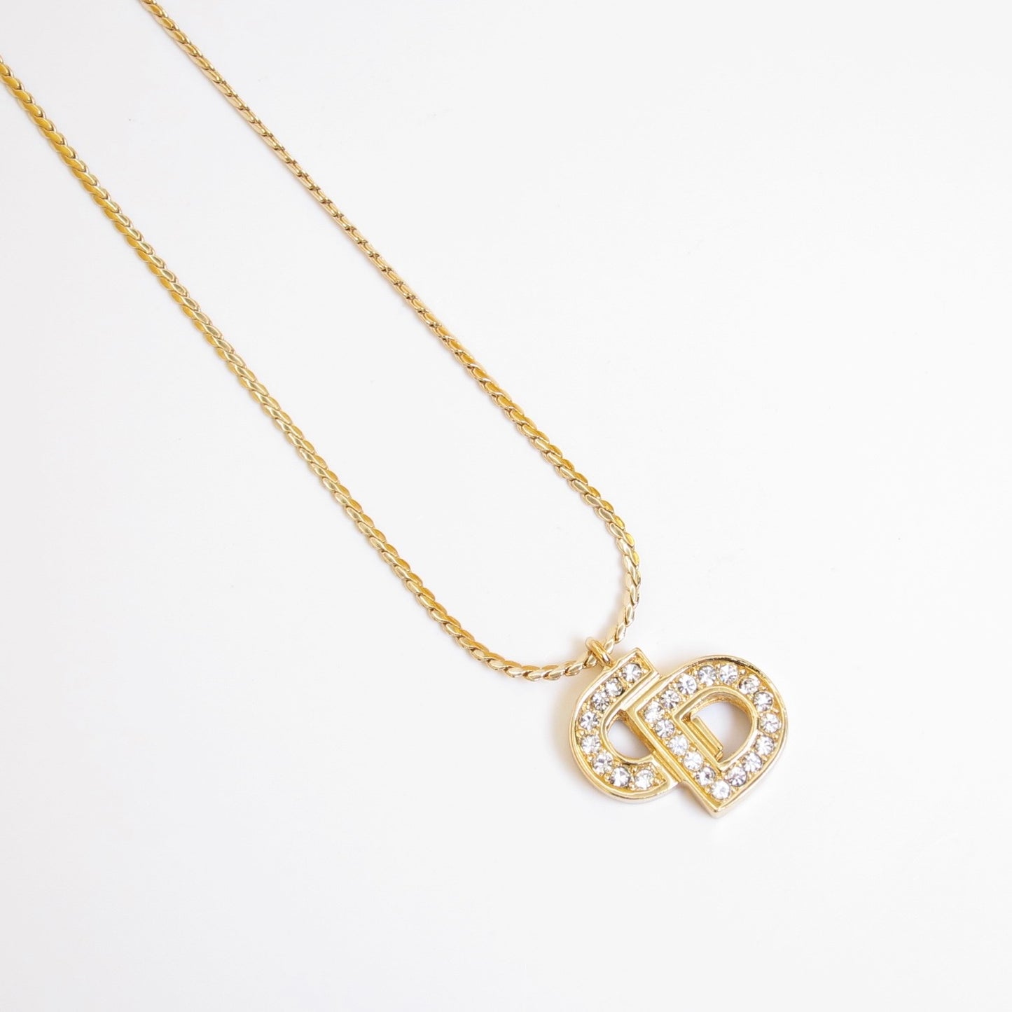 Christian Dior Vintage CD Logo with Rhinestone Golden Necklace