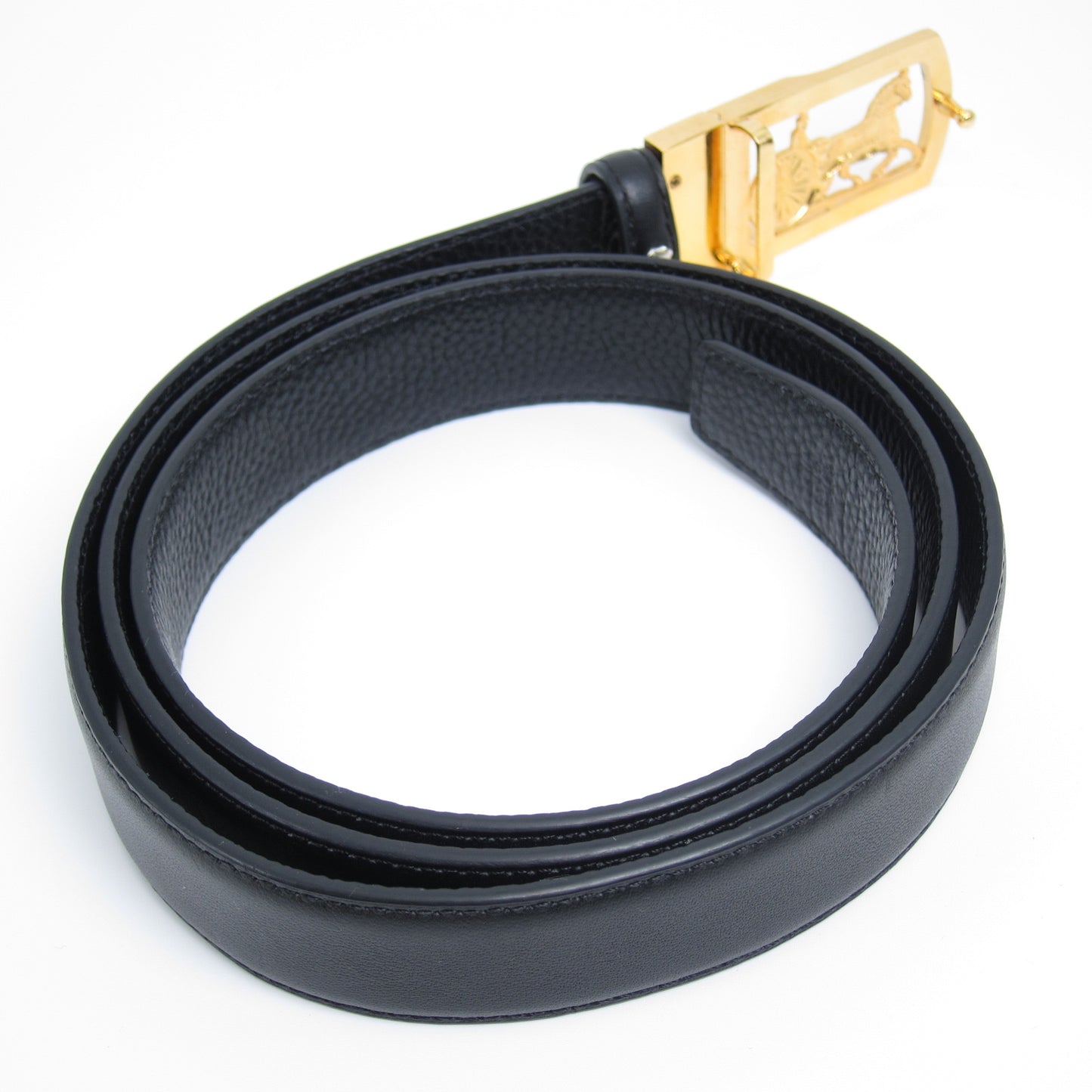 Celine Vintage Sulky Carriage Golden Buckle Black Leather Belt