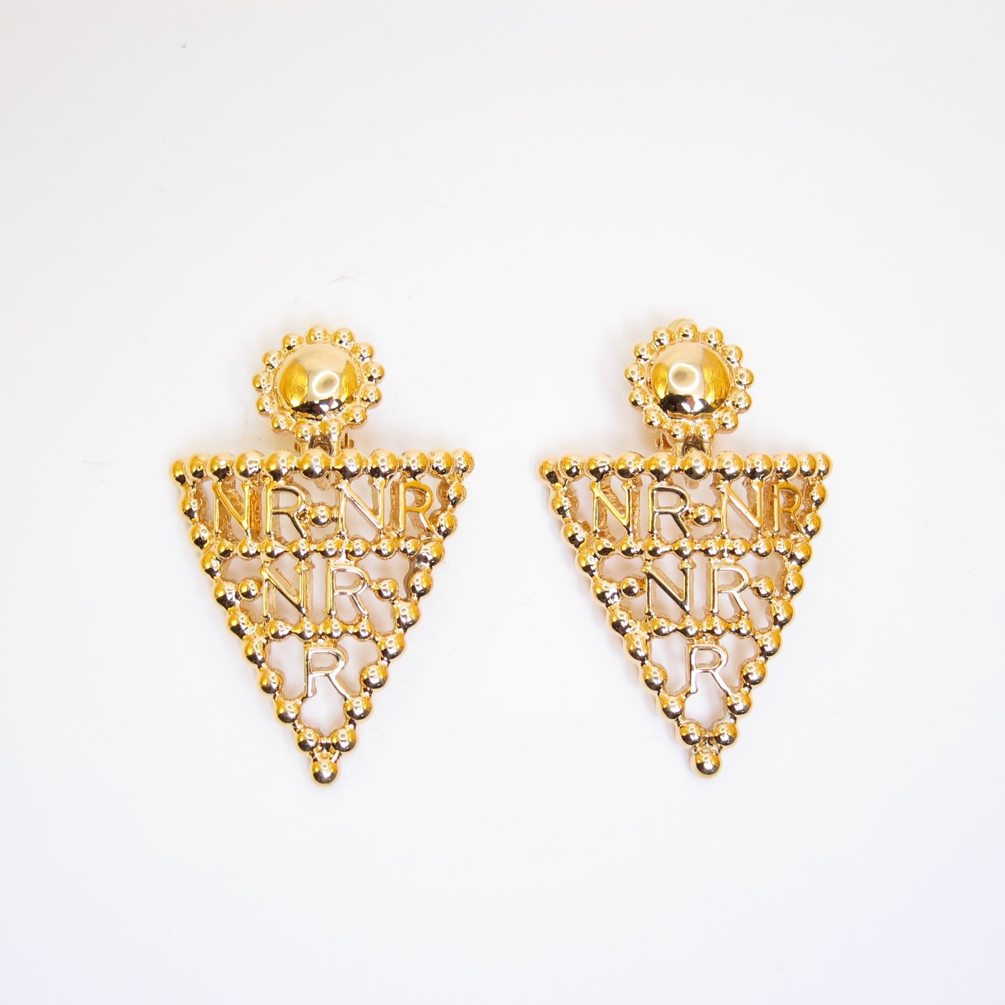 Nina Ricci Vintage NR Logo Triangle Dangling Golden Clip-on Earrings