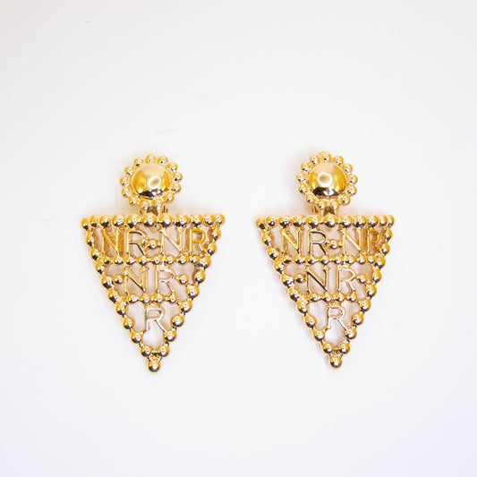 Nina Ricci Vintage NR Logo Triangle Dangling Golden Clip-on Earrings