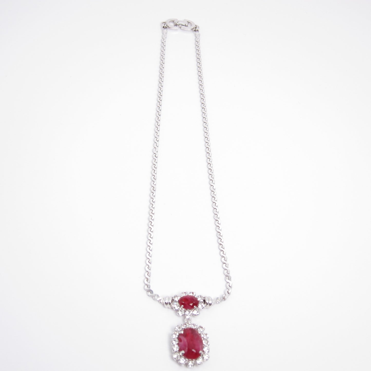 Christian Dior Vintage Red Color Stone and Rhinestone Drop Silver Necklace