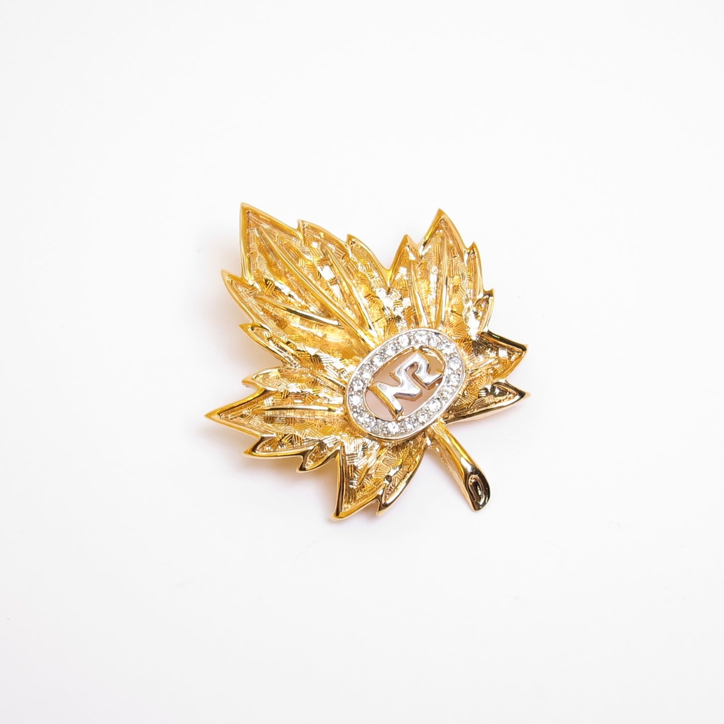 Nina Ricci Vintage NR Logo and Rhinestone Leaf Motif Golden Brooch