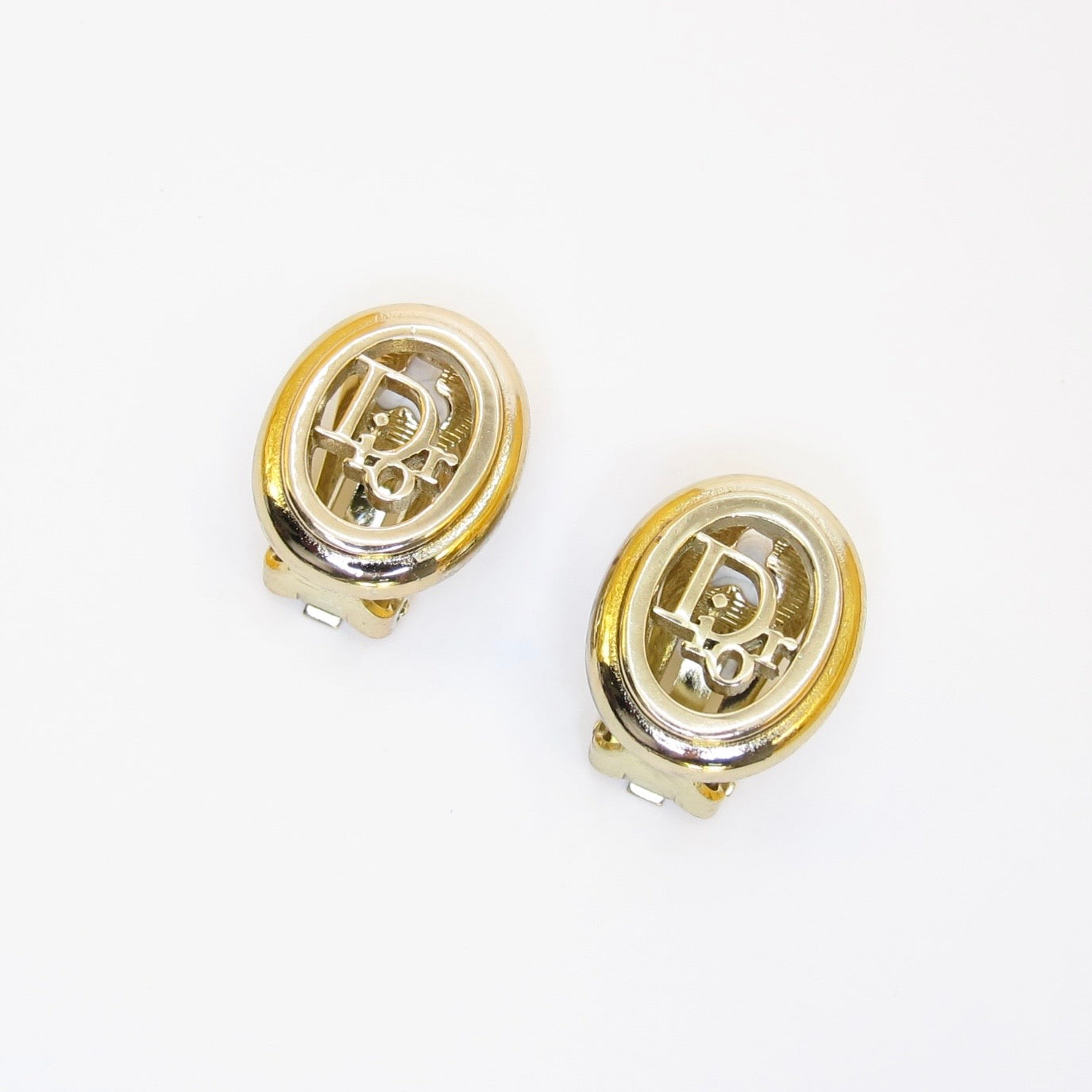 Christian Dior Vintage Dior Logo in Oval Shaped Golden Clip-on Earrings