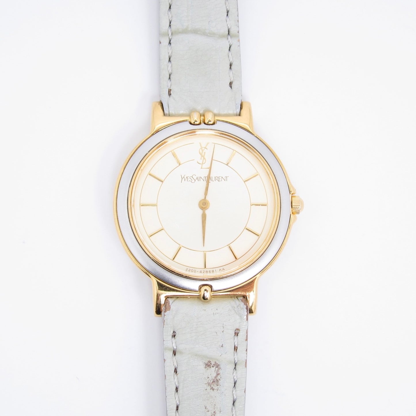 Yves Saint Laurent Vintage Round Champagne Face with Leather Strap Watch
