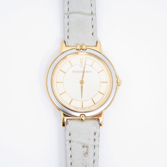 Yves Saint Laurent Vintage Round Champagne Face with Leather Strap Watch