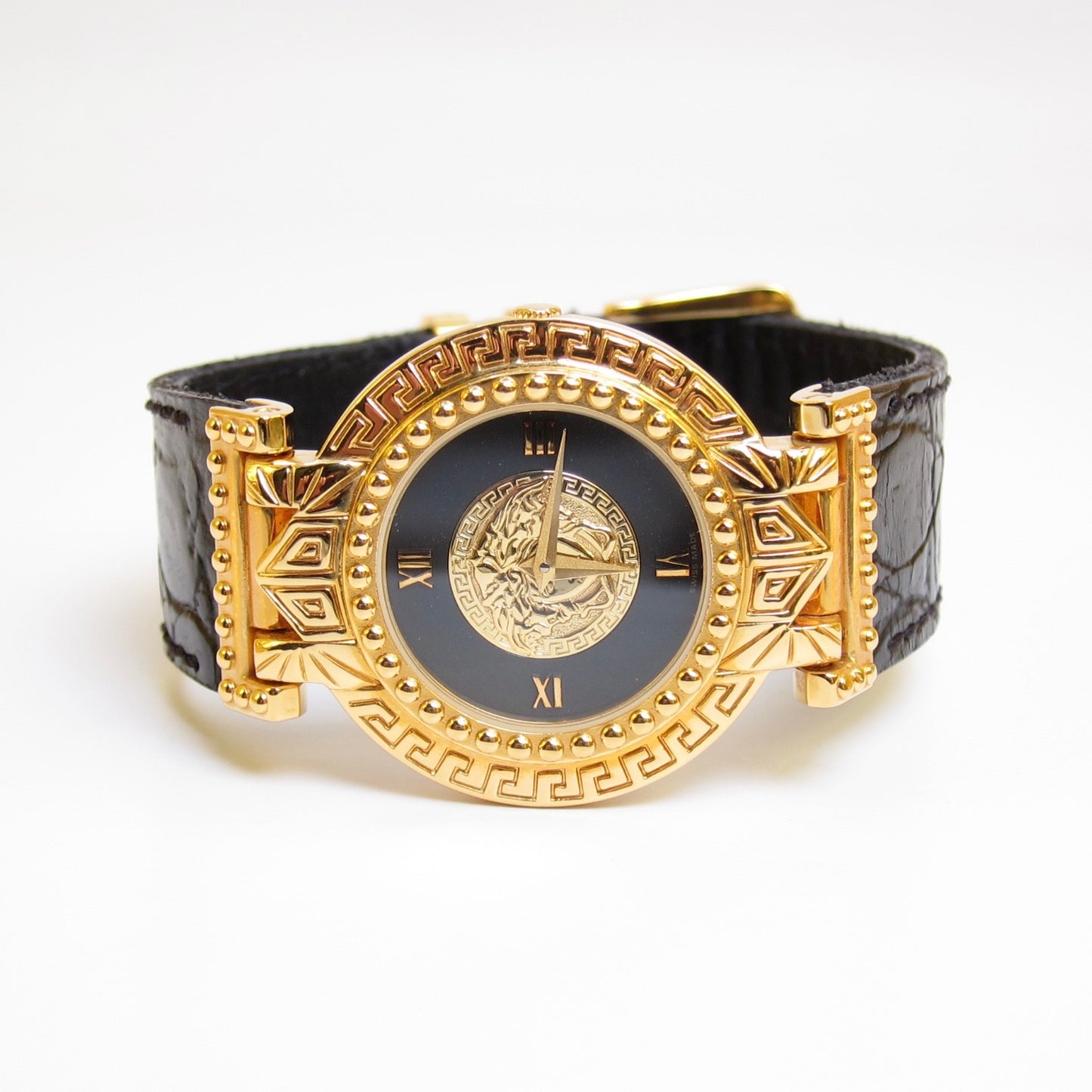 Versace Vintage Round Black Face with Medusa Coin and Leather Strap Golden Watch