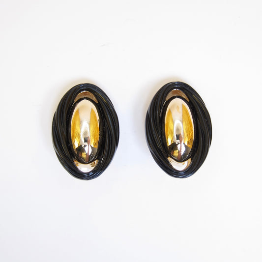 Christian Dior Vintage Oval Black and Golden Clip-on Earrings