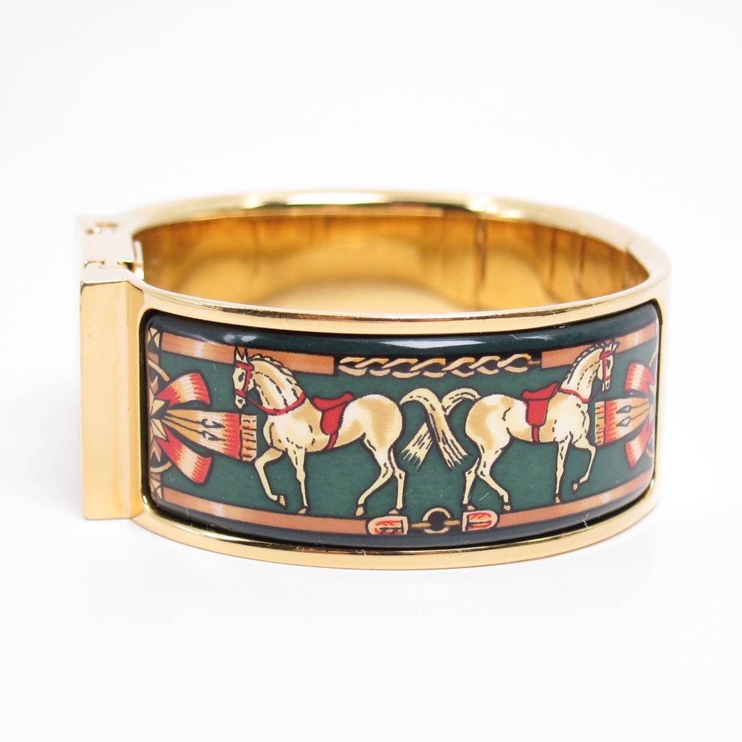 Hermes Vintage Loquet Golden Face Green Cloisonne Enamel Bangle Watch