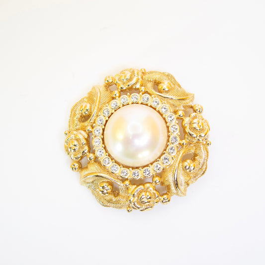 Burberry Vintage Pearl and Rhinestone Flower Golden Brooch