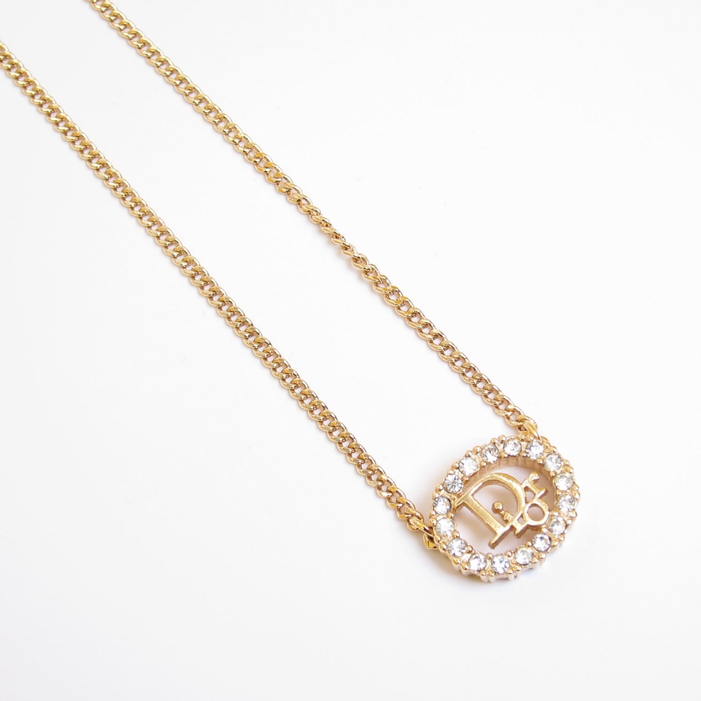 Christian Dior Vintage Dior Logo in Oval Shaped with Rhinestone Golden Necklace