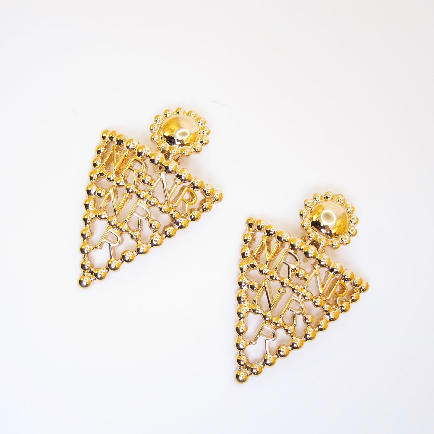 Nina Ricci Vintage NR Logo Triangle Dangling Golden Clip-on Earrings