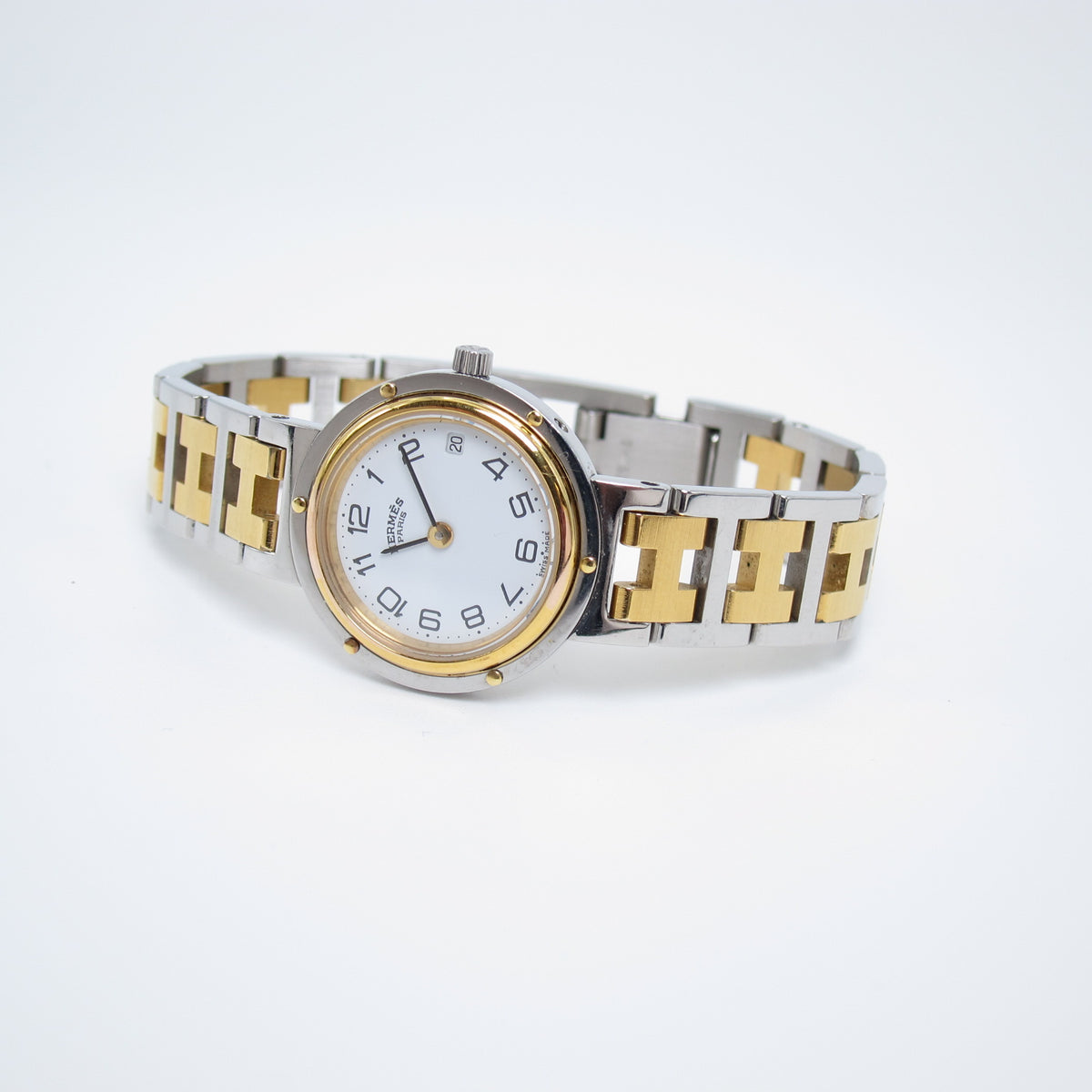 Hermes Vintage Clipper White Face with Date and H Bracelet Two Tone Watch