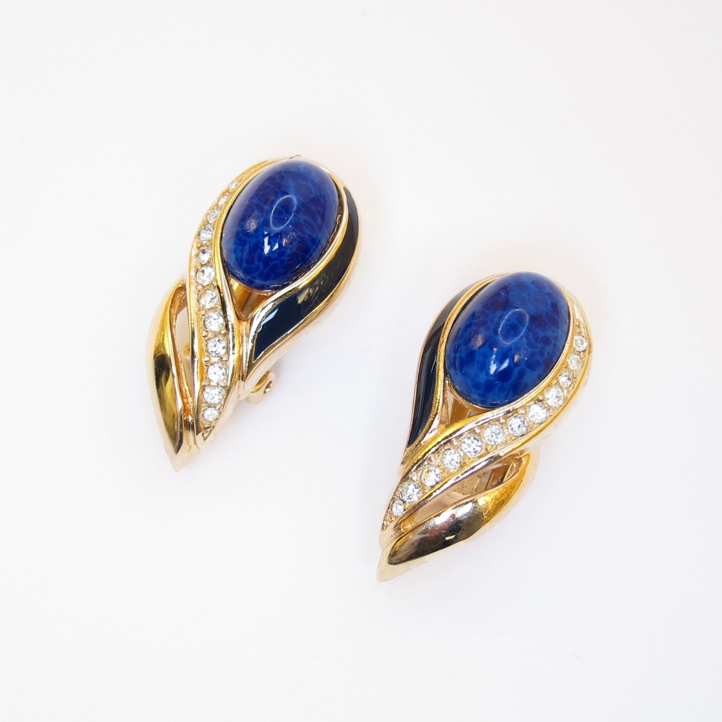 Christian Dior Vintage Lapis Lazuli Navy and Rhinestone Golden Clip-on Earrings