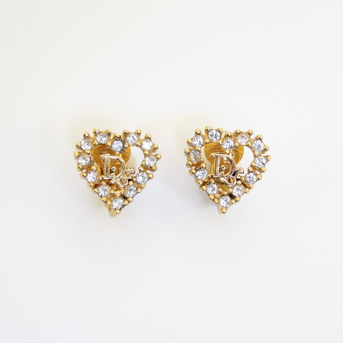 Christian Dior Vintage Heart Rhinestone CD Logo Gold-Tone Clip-On Earrings