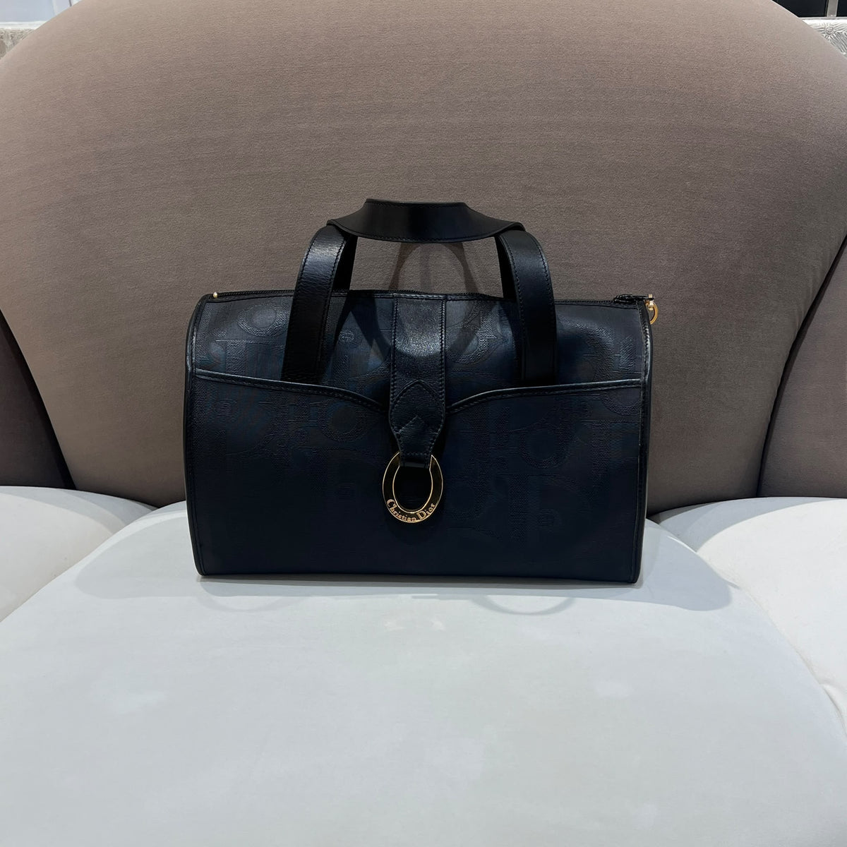 Christian Dior Vintage Black PVC Leather Gold Ring Boston Bag