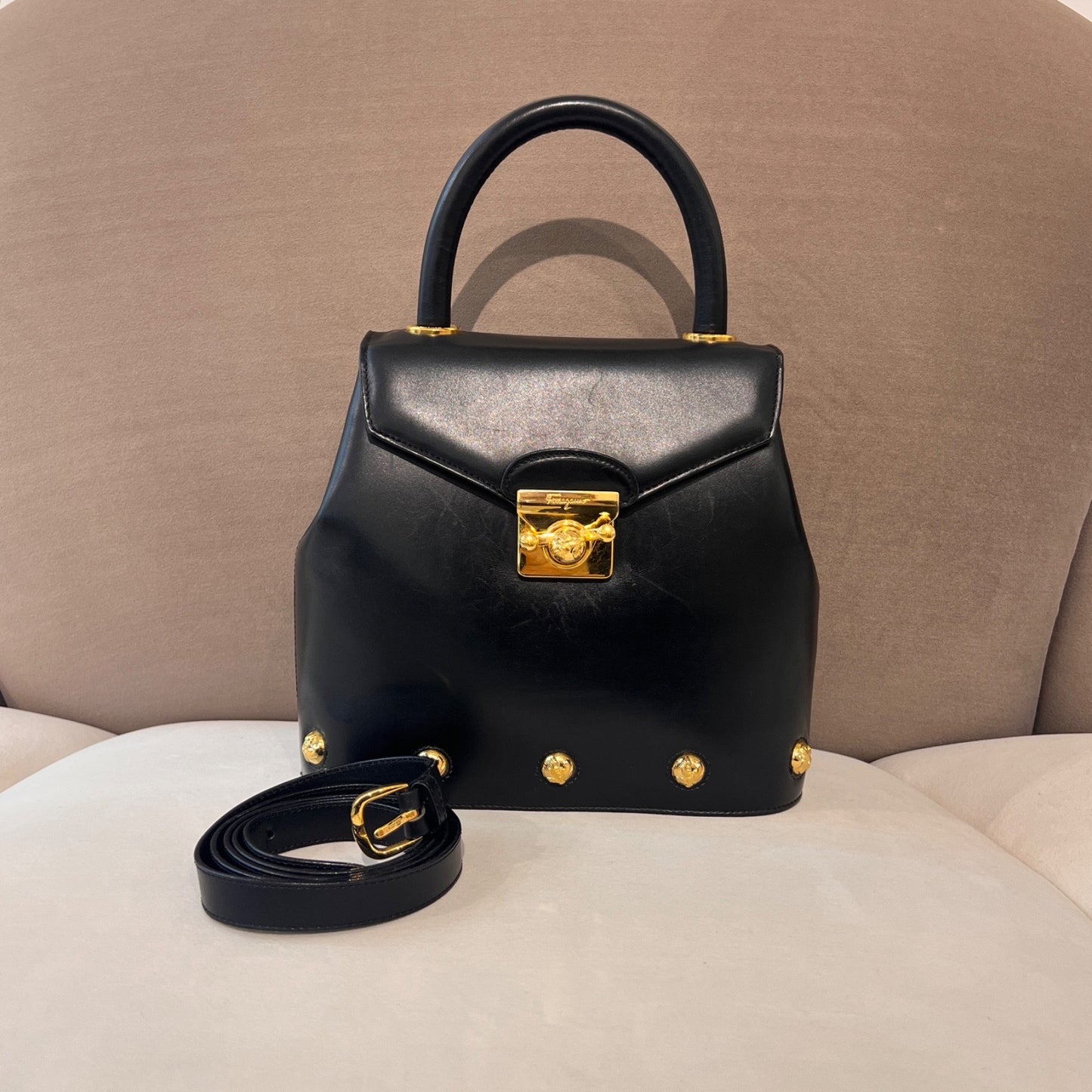 Ferragamo Vintage Black Structured Gold Hardware Handbag