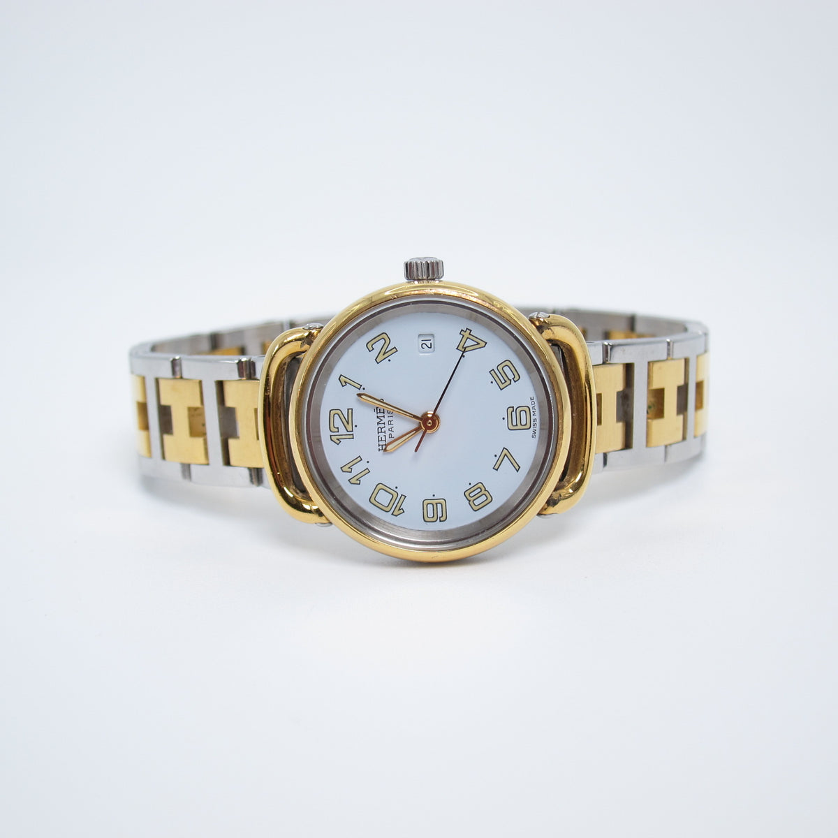 Hermes Vintage Pullman White Face with Date and H Bracelet Two Tone Watch