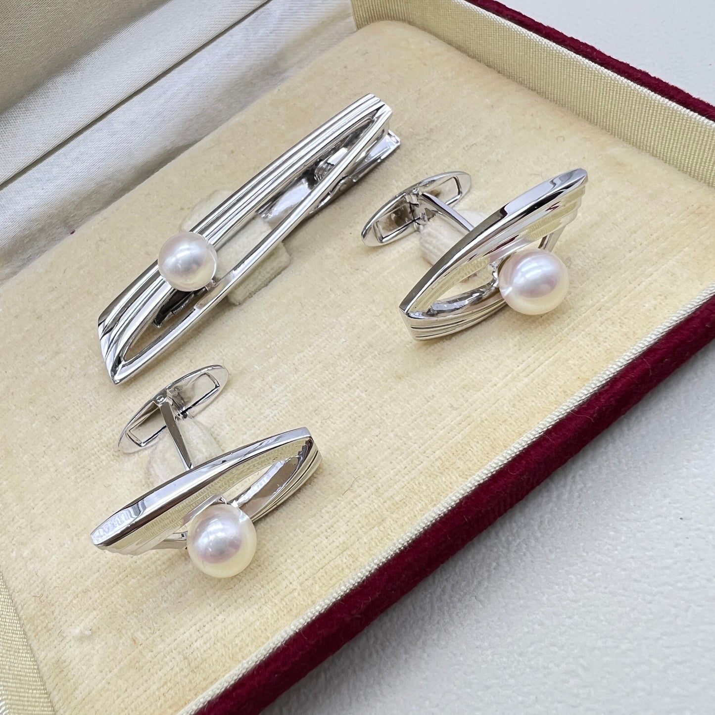 Mikimoto Vintage Akoya Pearl Silver Cufflinks and Tie Clip Set