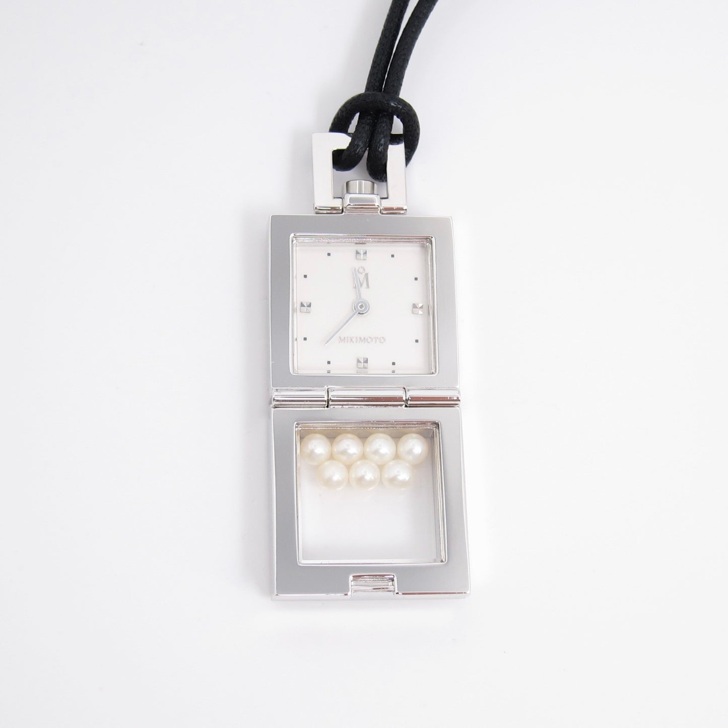 Mikimoto Vintage Square White Face Silver Pendant Watch with Pearl Box and Black Leather Cord