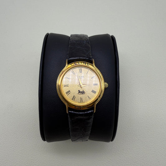 Celine Vintage Round Golden Face Black Leather Strap Ladies Watch