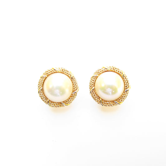 Christian Dior Vintage Round Shape Pearl Golden Clip-on Earrings