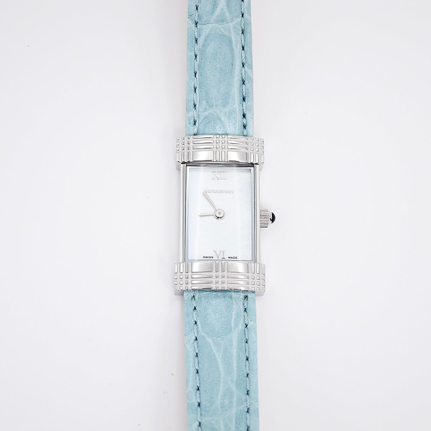 Burberry Vintage Rectangle Shell Pearl Face with Blue Leather Strap Watch