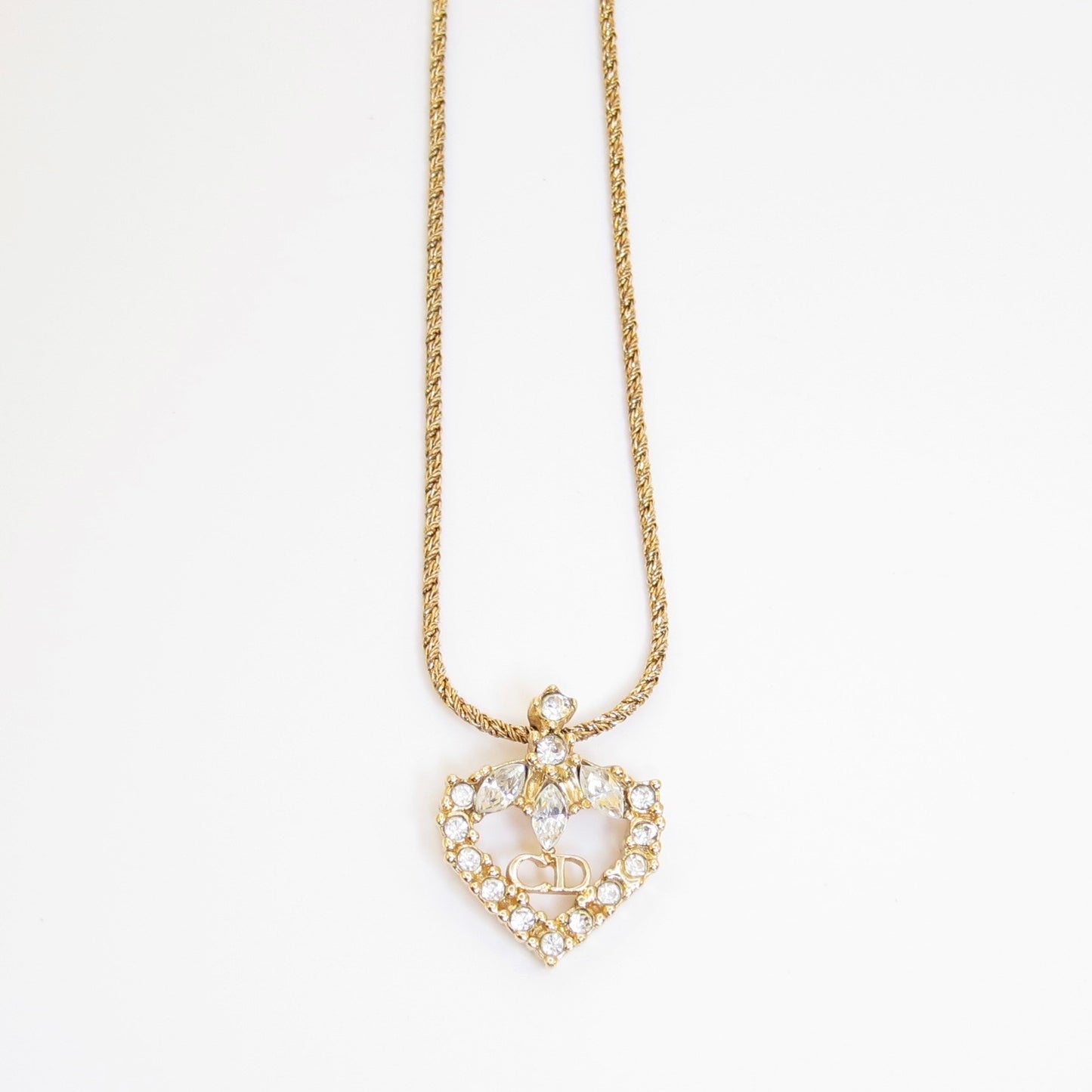 Christian Dior Vintage CD Logo in Heart with Rhinestone Golden Necklace