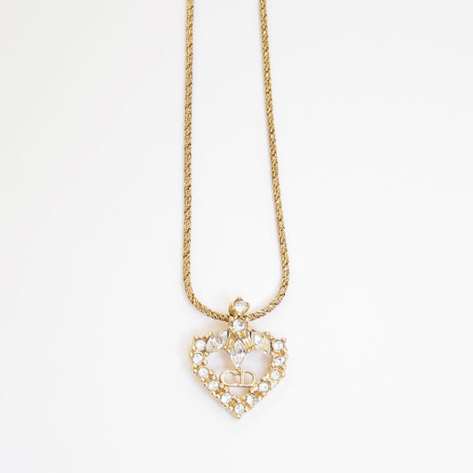 Christian Dior Vintage CD Logo in Heart with Rhinestone Golden Necklace