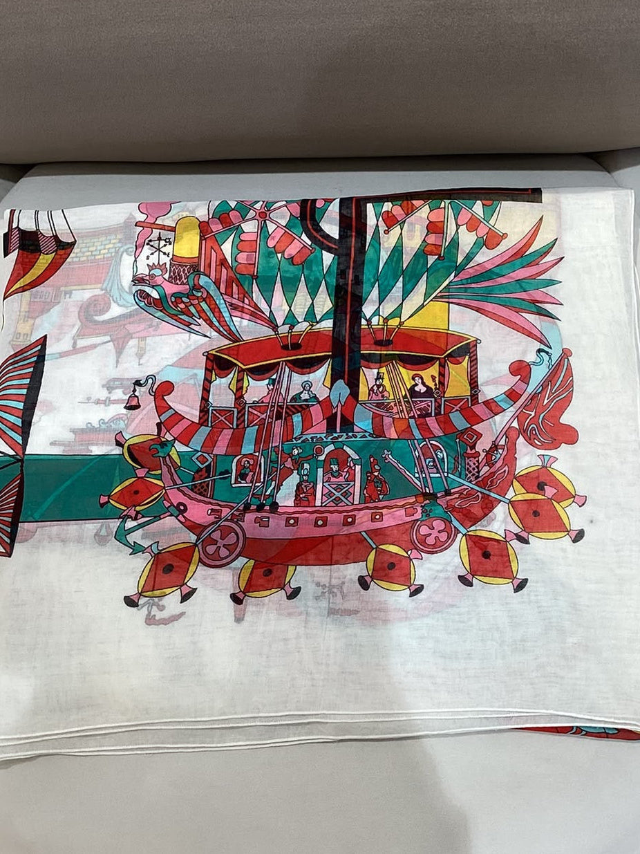Hermes Vintage Les Folies Du Ciel Beach Cotton Large Shawl