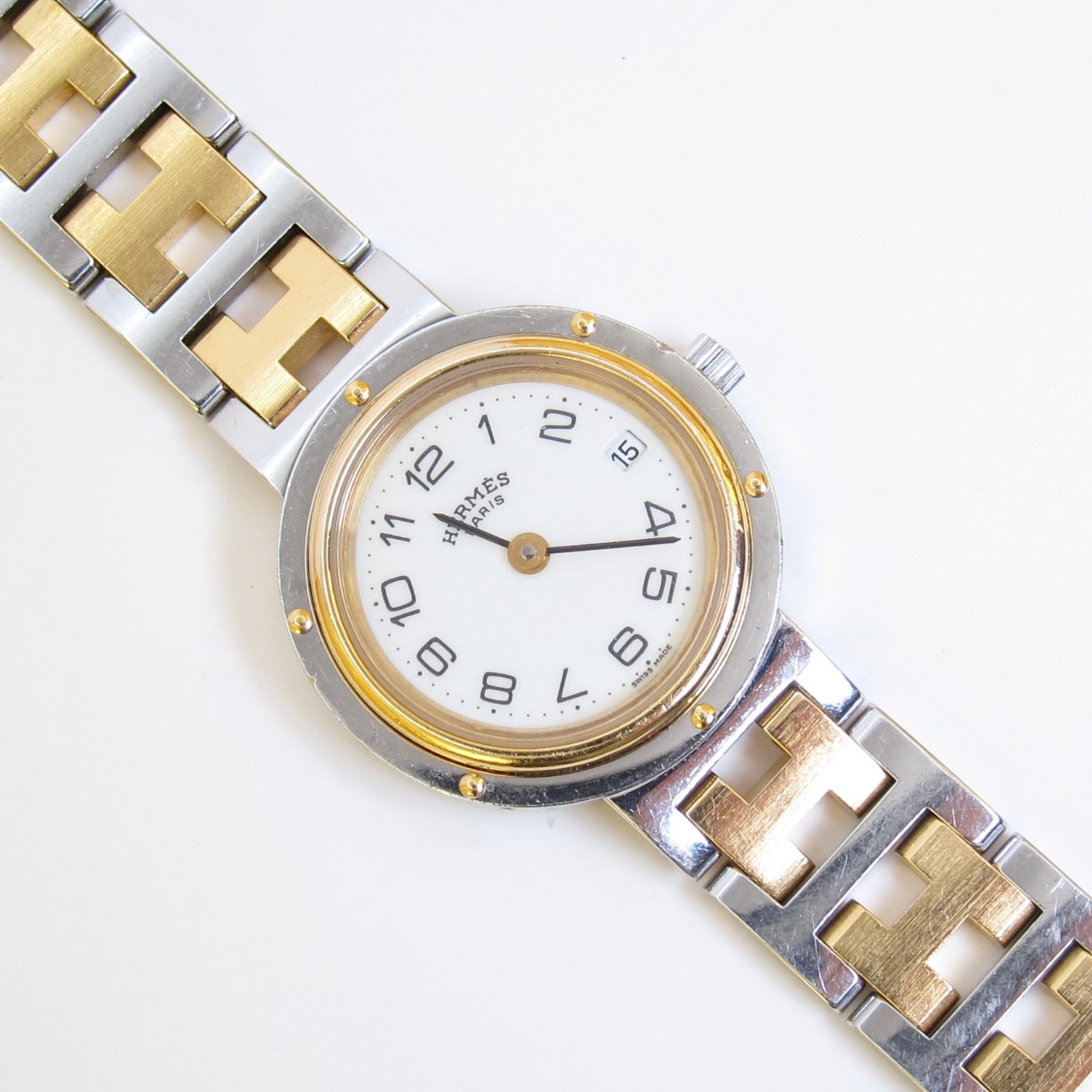 Hermes Vintage Clipper White Dial with Date and H Bracelet Two Tone Watch