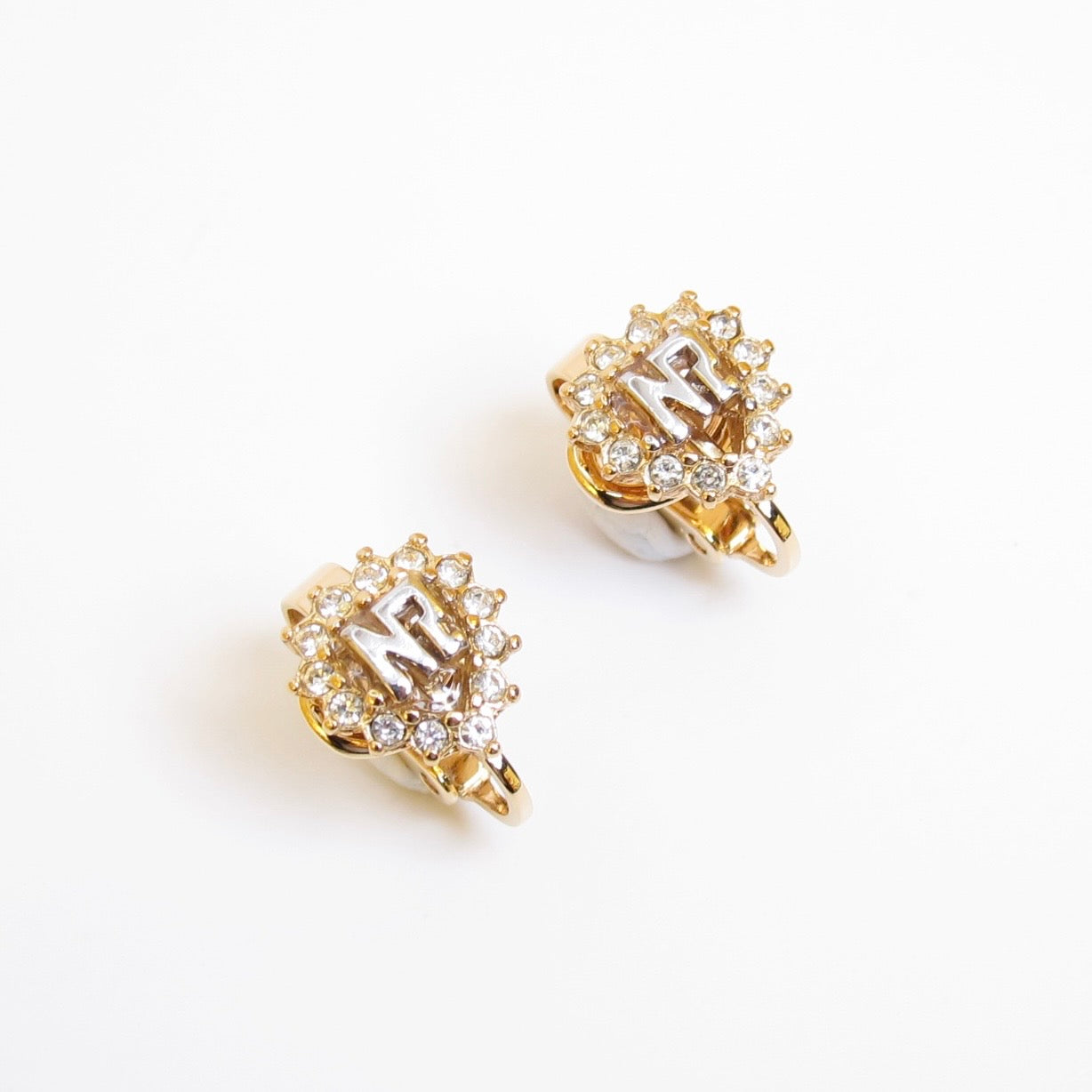 Nina Ricci Vintage NR Logo in Teardrop Shaped with Rhinestone Golden Clip-on Earrings