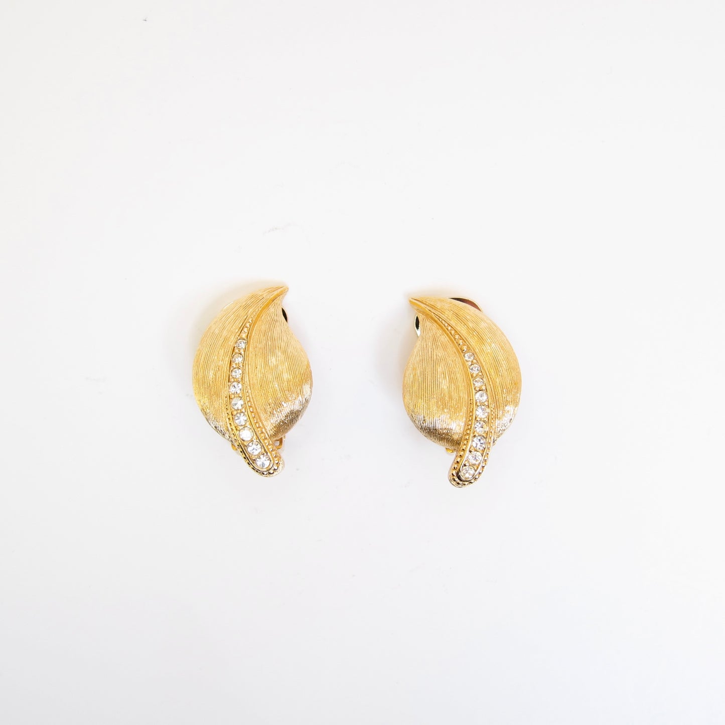 Christian Dior Vintage Leaf Motif with Rhinestone Golden Clip-on Earrings