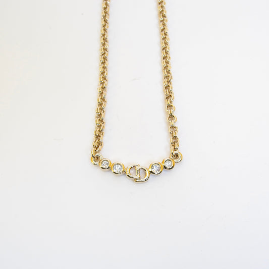Christian Dior Vintage CD Logo and Rhinestone Golden Necklace