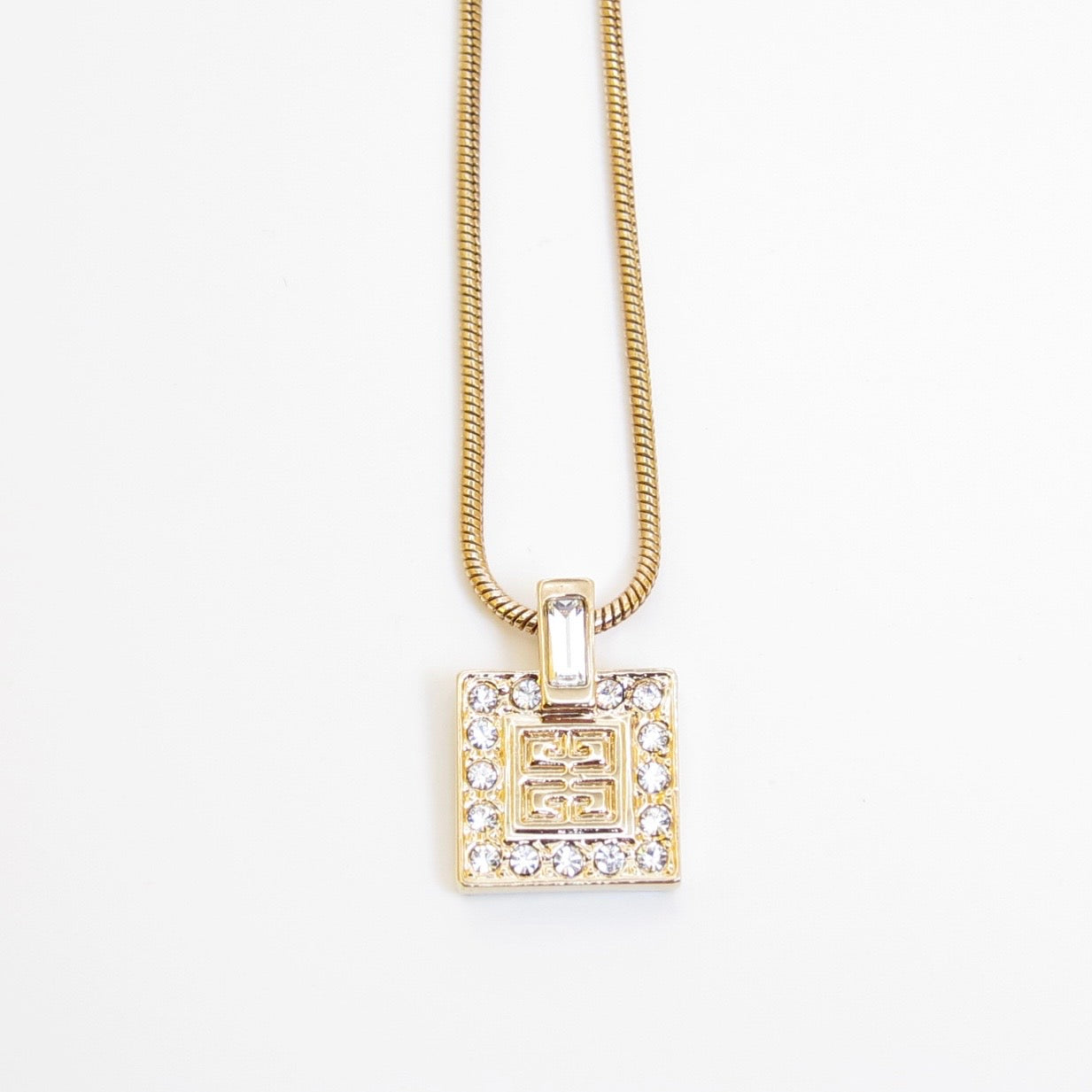 Givenchy Vintage 4G Logo Square Rhinestone Pendant Golden Necklace