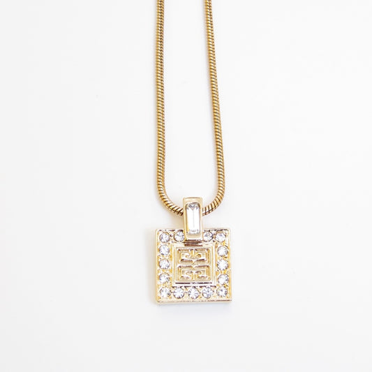 Givenchy Vintage 4G Logo Square Rhinestone Pendant Golden Necklace